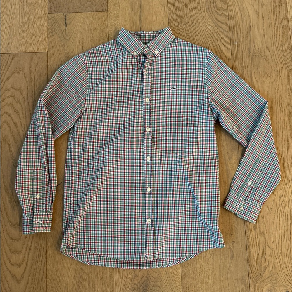 BOYS VINEYARD VINES RED, BLUE, & GREEN GINGHAM BUTTON-DOWN WHALE SHIRT (16)